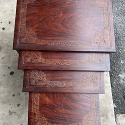 Rosewood Indian Carved Antique Style Brass Inlaid Legs Nest Of 4 Tables
