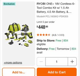 Ryobi ONE+ 18V Cordless 6-Tool Combo Kit