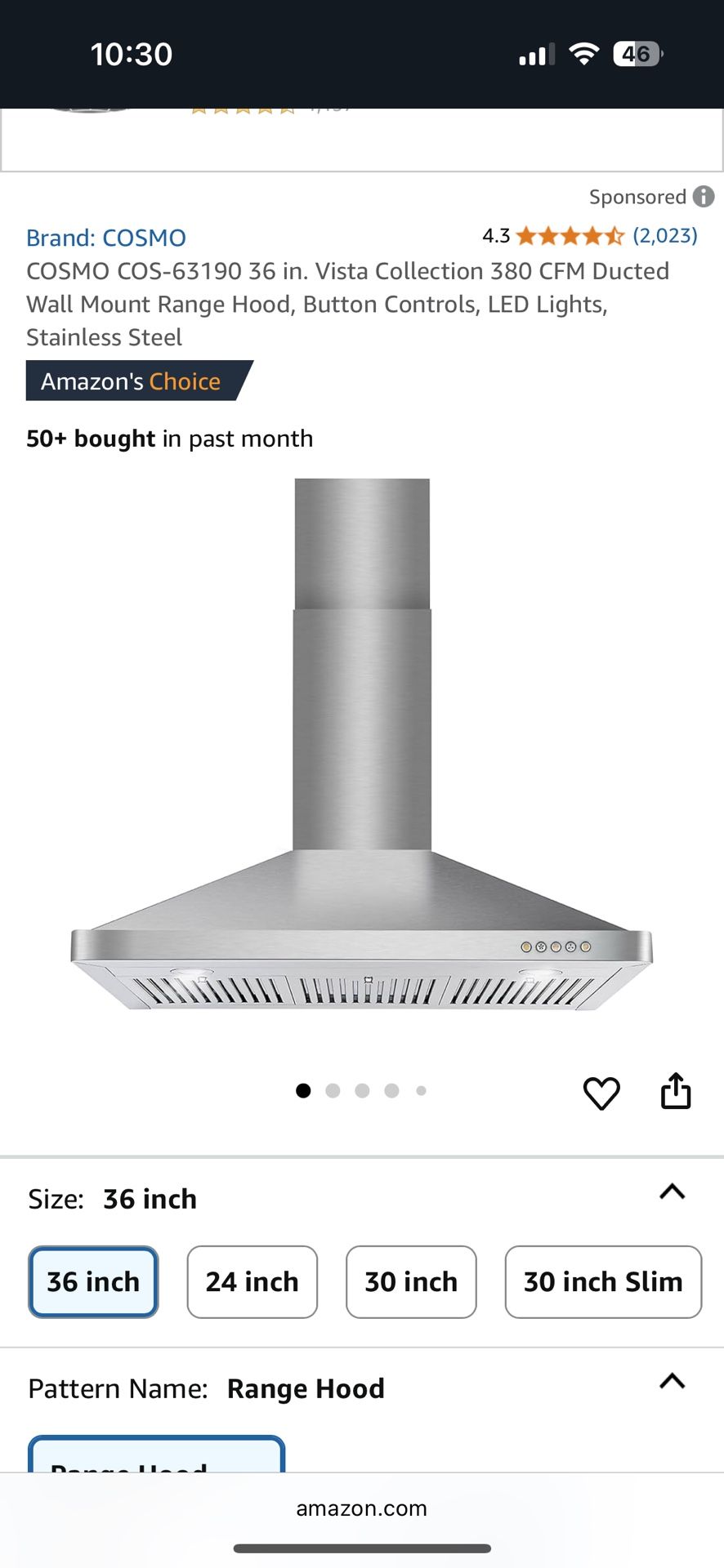 Cosmo COS-63ISS90 36 in. 380 CFM Ducted Island Range Hood in Stainless Steel