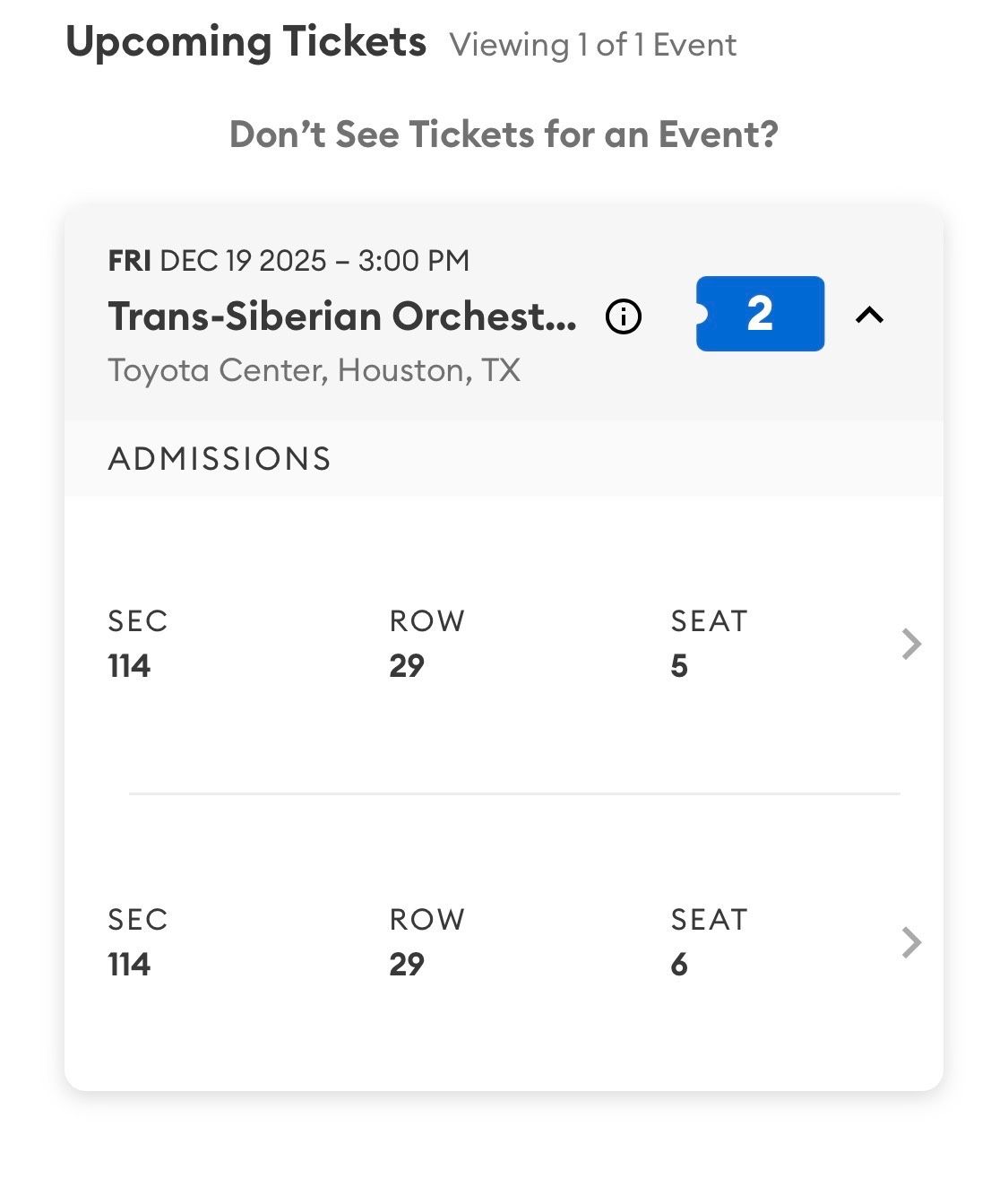 2 Tickets To Trans-Siberian Orchestra Sec 114