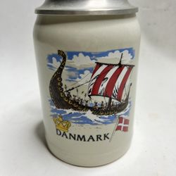 Zinn Stein Denmark Ceramic Pewter Lidded Stein. 