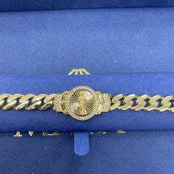 14k Two Tone San Judas Cuban Link Bracelet W/ CZ Clasp 7.5”