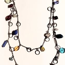 Beautiful 1970's Long Bejeweled Silver Toned Necklace