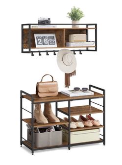 Hall Tree with Shoe Bench, Coat Rack Shoe Bench Set, Entryway Furniture, Multifunctional, 12 Metal Hooks, 4-Tier Shoe Rack, for Entryway, Bedroom, Rus