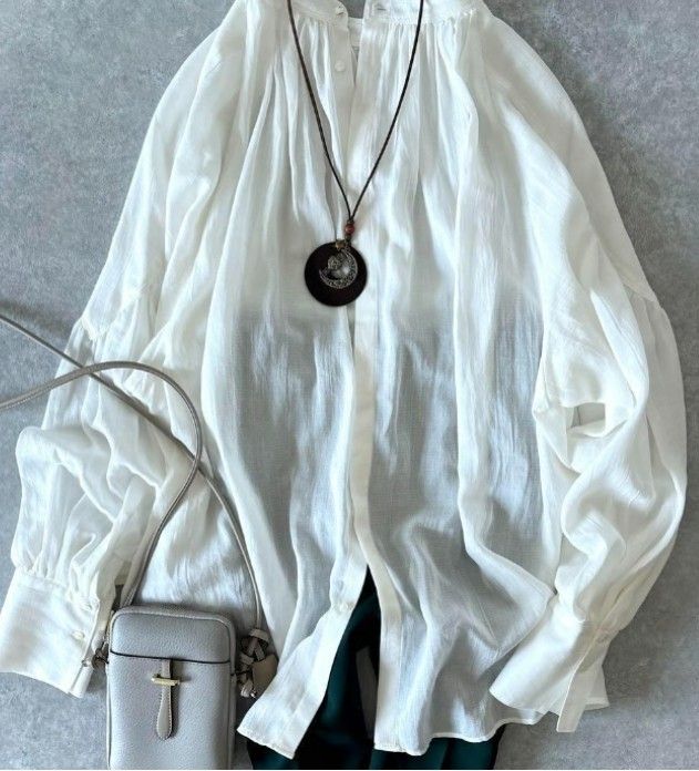 Excellent Condition: Curensology Band Collar Cotton 2-way Gather Blouse, Washable
