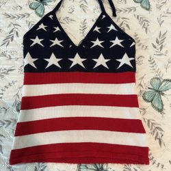 American  Flag  Women’s  Knit  Tank Top  Slim Fit  Low Cut  Halter  