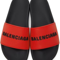 Brand New Balenciaga Red & Black Logo Pool Slides Sz 12