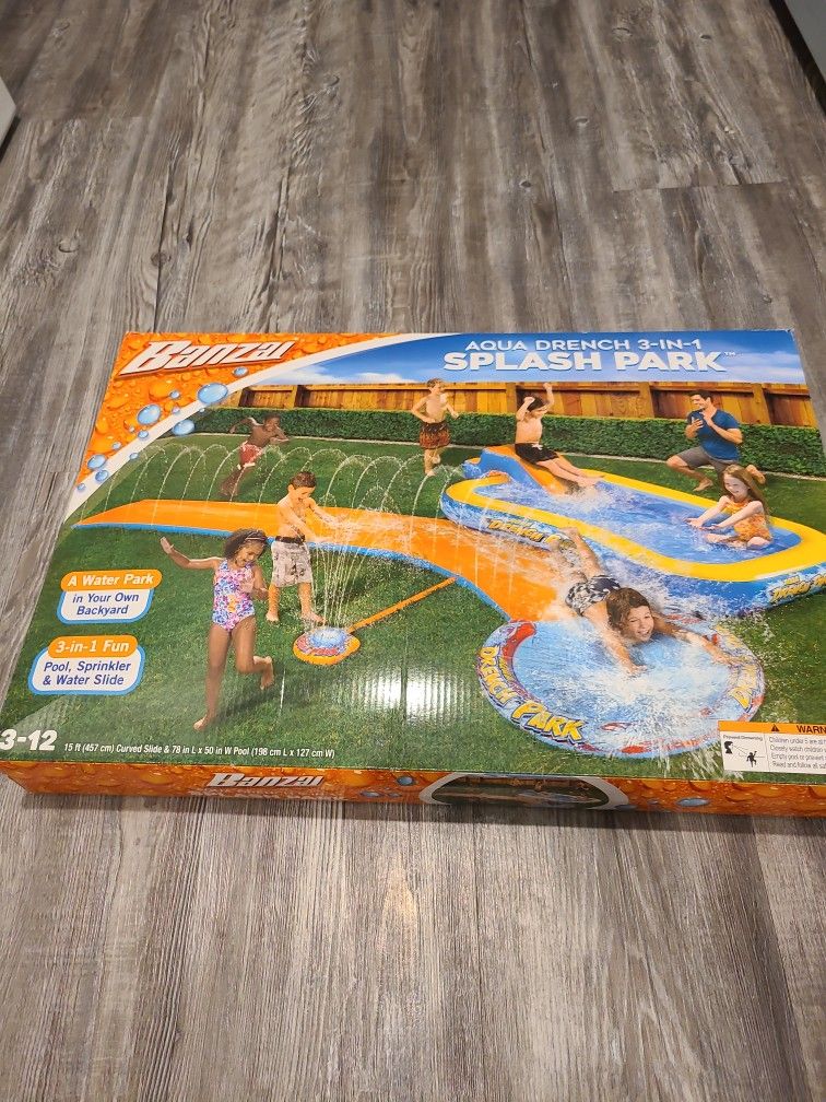 Banzai Aqua Drench 3-In-1 Splash Park w/ Pool, Sprinkler & Waterslide