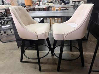 26" H Swivel Barstools Set of 2, Linen Fabric Upholstered Counter Stool with Back, Kitchen High Chairs Counter Height Solid Wood Legs, Beige