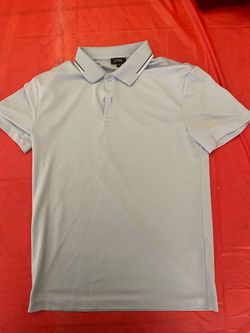 Express light blue short-sleeve polo shirt featuring a contrast twin-stripe tipped collar