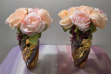Decorative Vases with Faux Pink/Peach Rose Bouquets in Gypsophila & Polished Stone ($20 EACH) @ Lasting Creations