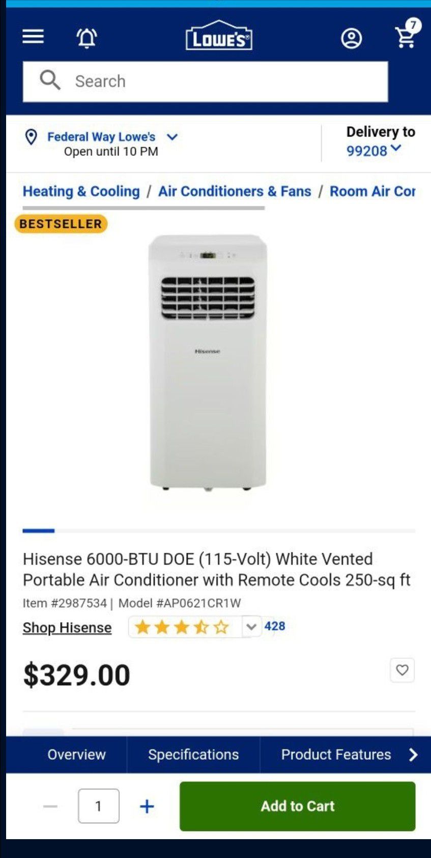 Hisense 6000-BTU DOE Portable AC