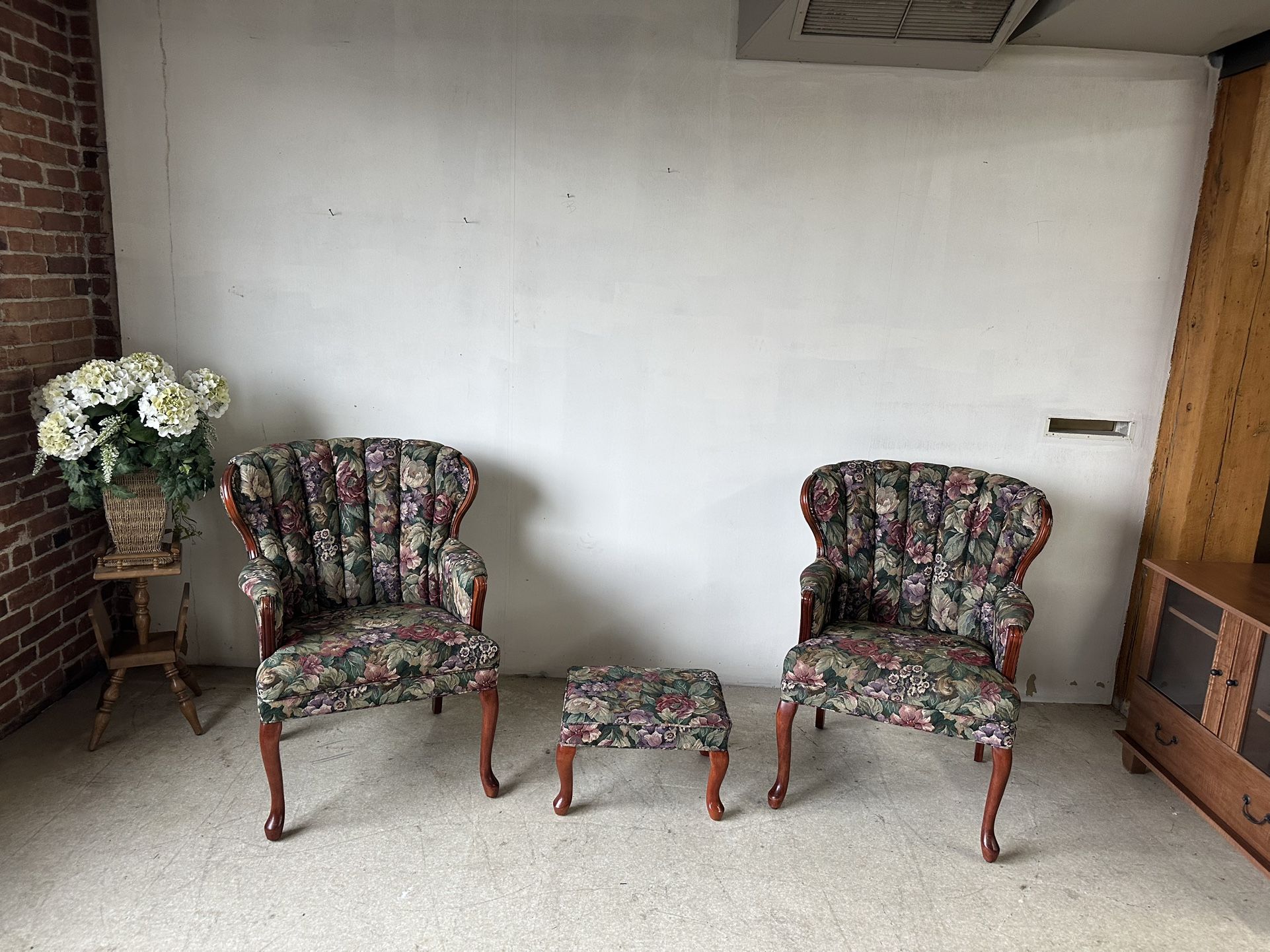Vintage Floral Accent Chairs with Matching Footstool β Set of 3