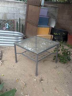 Square Glass-Top Patio Side Table, Dark Metal Frame