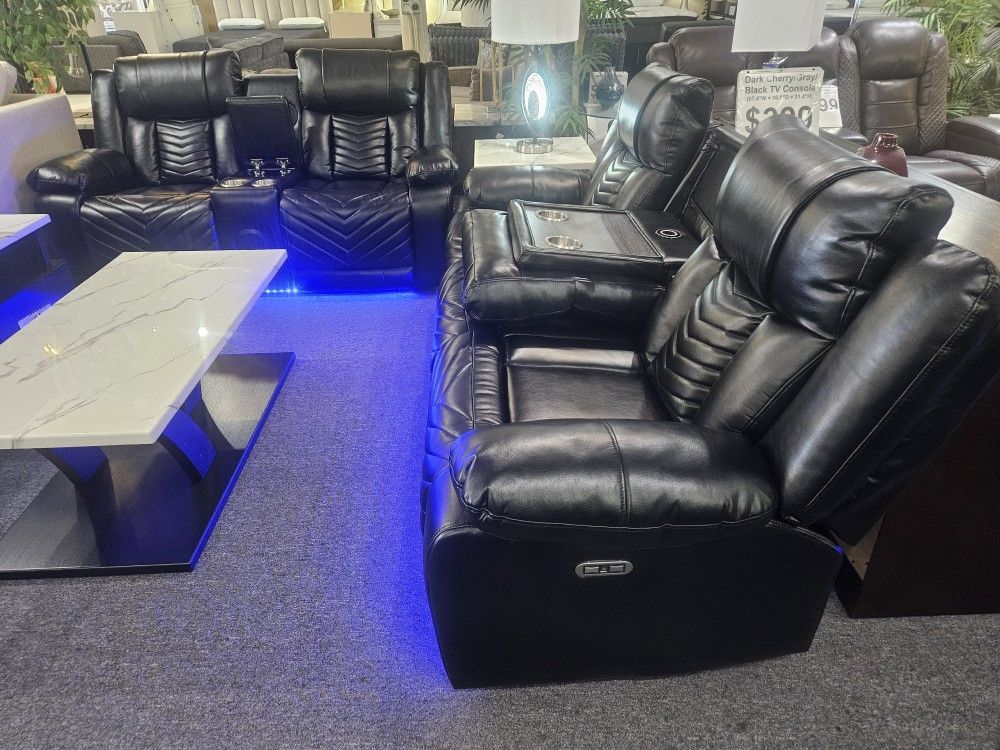 Brand New Black Synthetic Leather Power Reclining LED Sofa + Loveseat With Bluetooth Speakers, Cup Holders, Reading Lights
