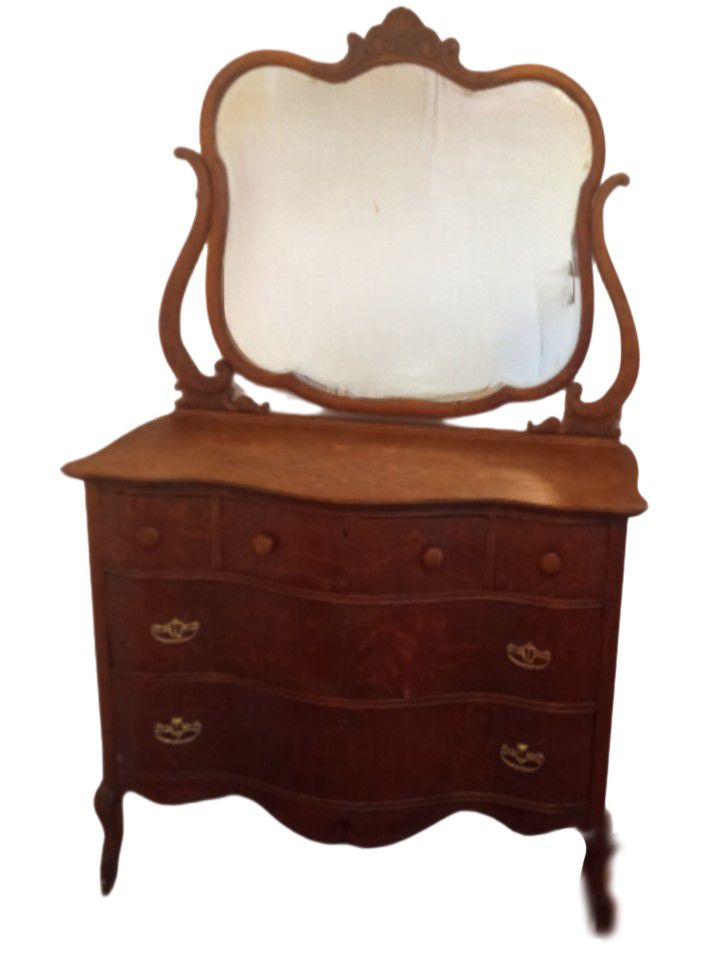 Serpentine Tiger Oak Dresser w/ Original Mirror