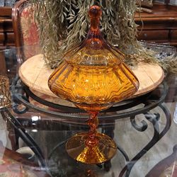 Empoli Amber Glass Pedestal Candy Dish Circus Tent Lid