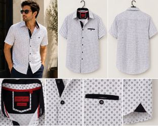 American Breed Men’s Smart Shirt Size M White Black Geometric Short Sleeve