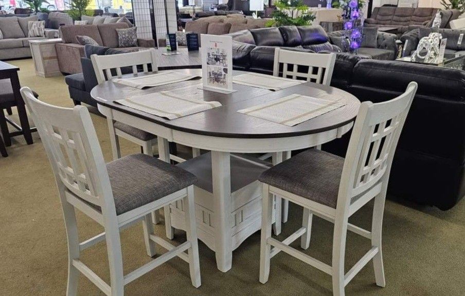 ✅️5 pc white grey finish wood counter height oval dining table
