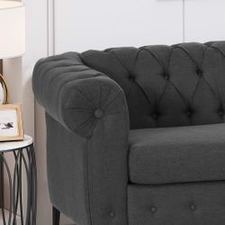 Charcoal dark gray button tufted fabric couch sofa
