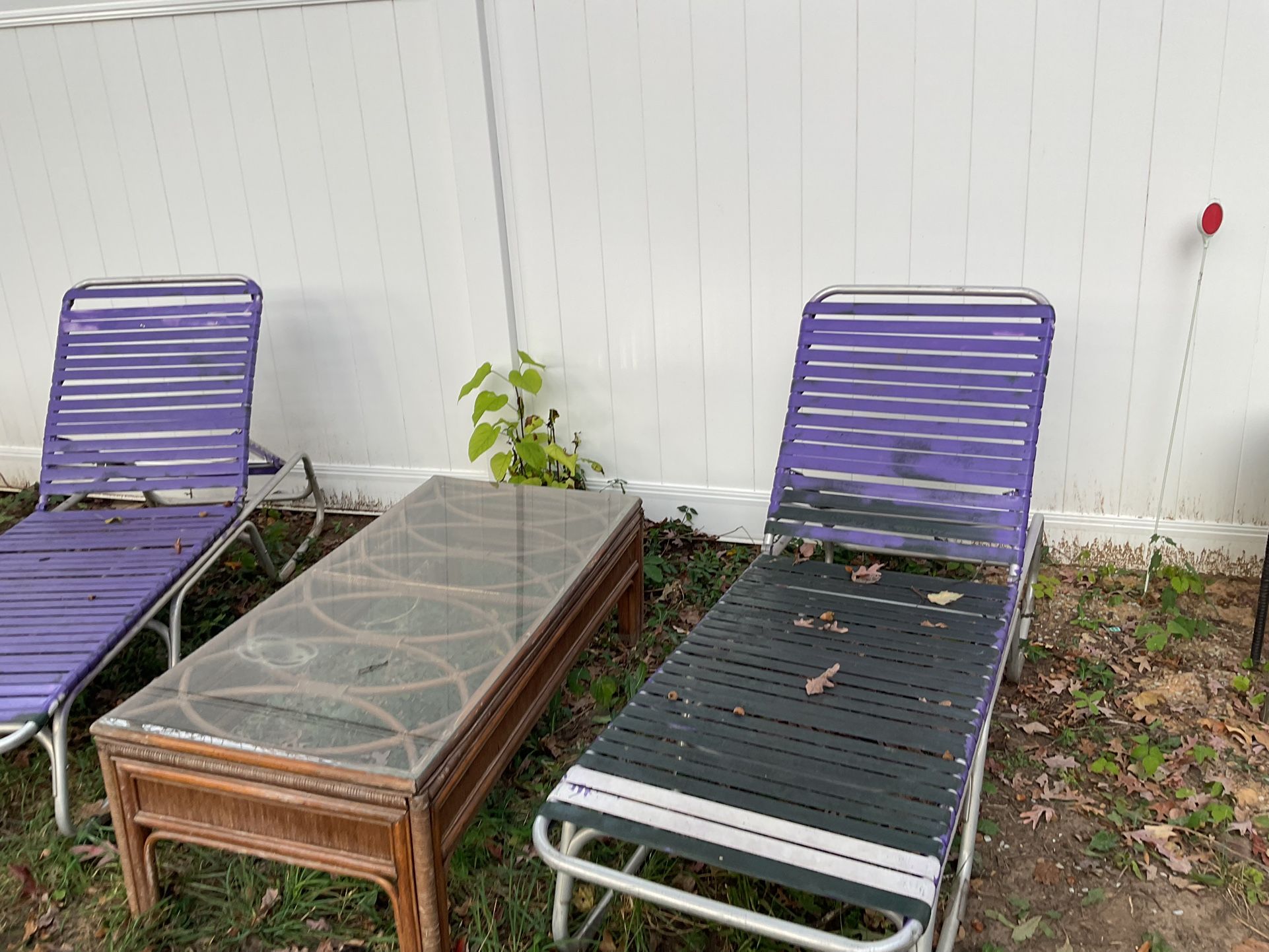 Two Long Patio Chairs Need A Spray Pain, A Beautiful Long Glass Table (50” Long X 24” Wide) All For$40