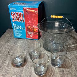 Vtg Anchor Hocking Co Glass Basket Ice Bucket 3100/318 With Bale Glasses and Box