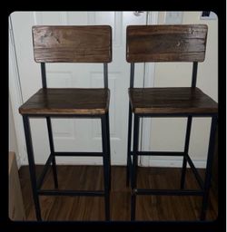 Industrial Wood and Metal Bar Stools – Set of 2