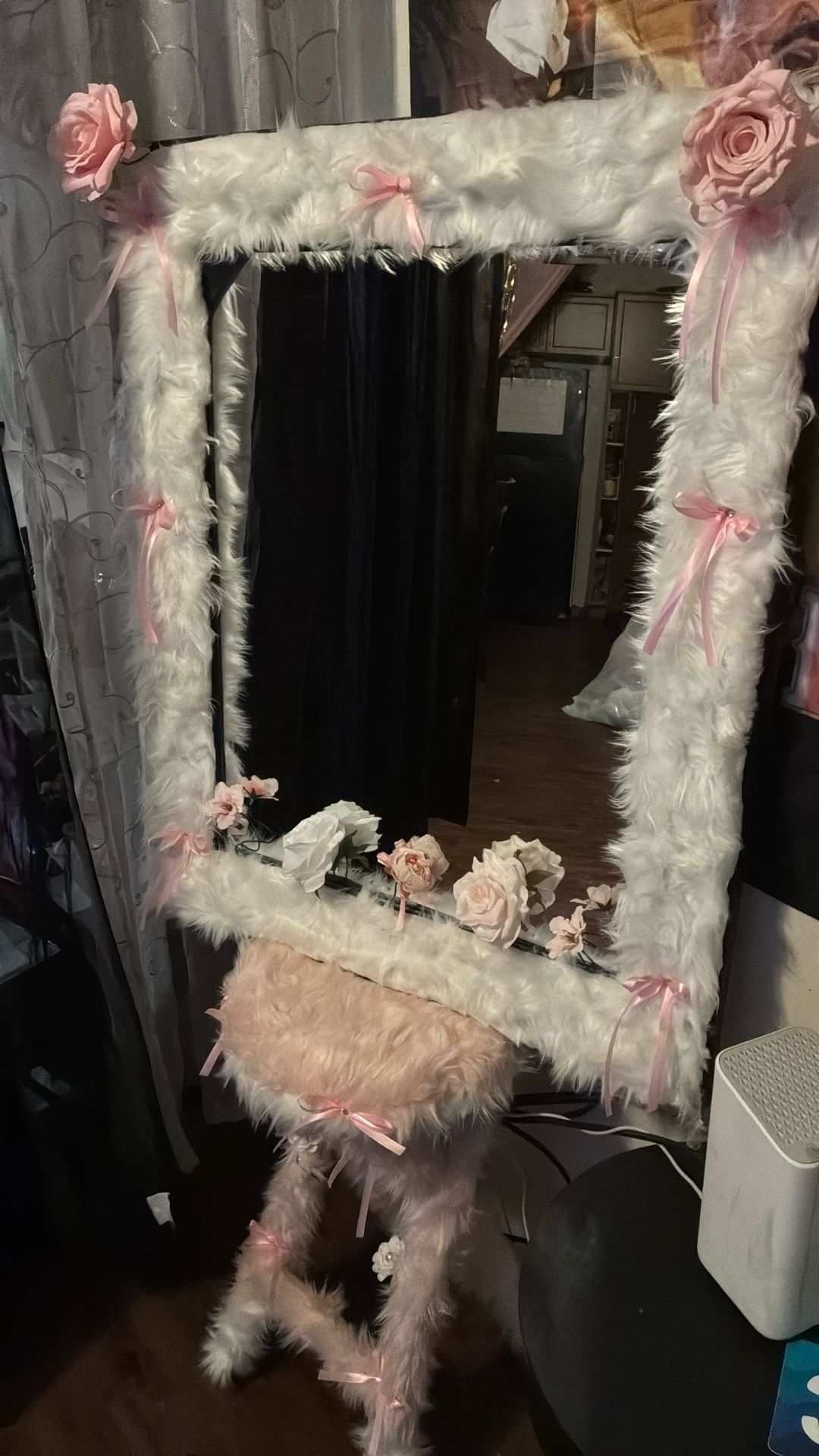 White And Pink Fur Mirror And Stool