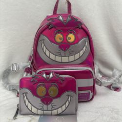 NWT Disney100 Loungefly Platinum Cheshire Cat Mini Backpack With Wallet