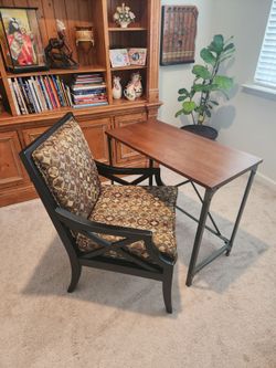 Wood and Metal Desk with Upholstered Armchair
