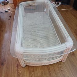 GLASS WHITE RATTAN COFFEE TABLE 