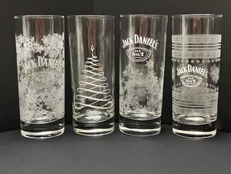 4 Jack Daniel’s Old No. 7 Christmas Etched Snowflakes Tree Highball Glasses 11oz