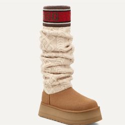 UGG PLATFORM CLASSIC SWEATER LETTER CREAM TAN WINTER KNIT BOOTS NEW SIZE 8