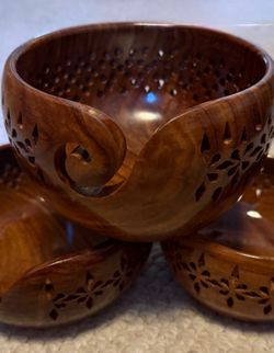 Hand-Carved Wooden Yarn Bowl - Rich Brown