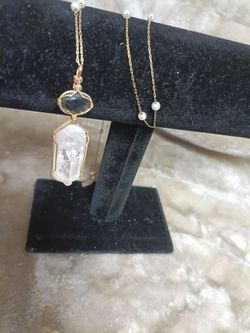 Vintage 16" goldtone necklace with real pearls, a green tourmaline, and a real crystal.