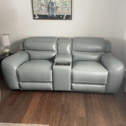 Mint Green Leather 83" Dual Power Recliner Loveseat Sofa by Bob’s Discount Furniture 