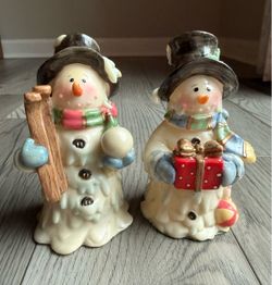 Pair Of Resin Christmas Snowman Figurines
