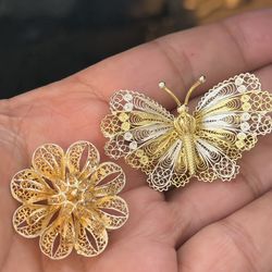 Vintage Set Of Sterling Silver Butterfly And Flower Brooches/pins With Some Gold Decorations