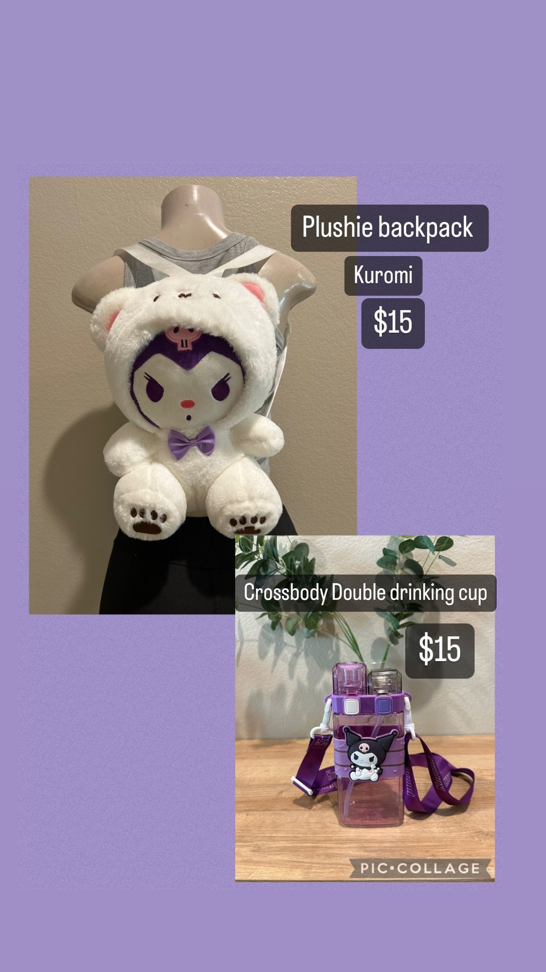 Kuromi Plushie Backpack & Crossbody Cup $15 Each