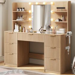 47.2" W Modern Large Vanity Desk With 7 Drawers, 4 Shelves, Led Lighted Mirror &