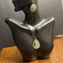 Green Patina Necklace & Earrings With Shell Motif