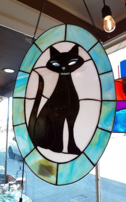 Art Deco Stained Glass Cat- New -Located in Shelton