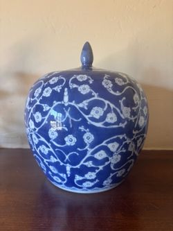 Vintage Blue & White Cherry Blossom Chinoiserie Porcelain Ginger Jar