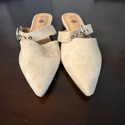 Pointed Slip-On Mule with Buckle Strap in Tan Size 7