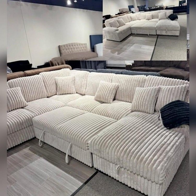 Extra large Beige corduroy sectional pull out sofa sleeper couch