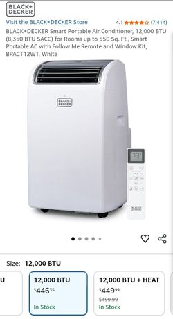 NEW-NO BOX-BLACK+DECKER Smart Portable Air Conditioner, 12,000 BTU (8,350 BTU SACC) for Rooms up to 550 Sq. Ft., Smart Portable AC with Follow Me Remo