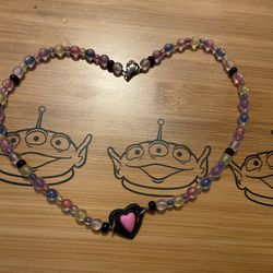 Kuromi Sanrio Black And Pink Heart Beaded Necklace Sterling Silver 