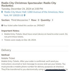 Radio City Rockets, New York Box Office Tickets Third Mezzine Three Tickets $190 Each