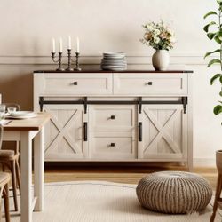 Retro Farmhouse Bedroom Dresser, 47" White Dressers for Bedroom with Sliding Barn Door, Rustic Chest of Drawers for Bedroom, Wood Dresser TV Stand