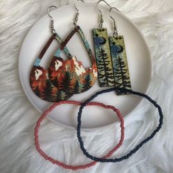 TWO pair of beautiful scenic drop/dangle earrings & TWO bead bracelets